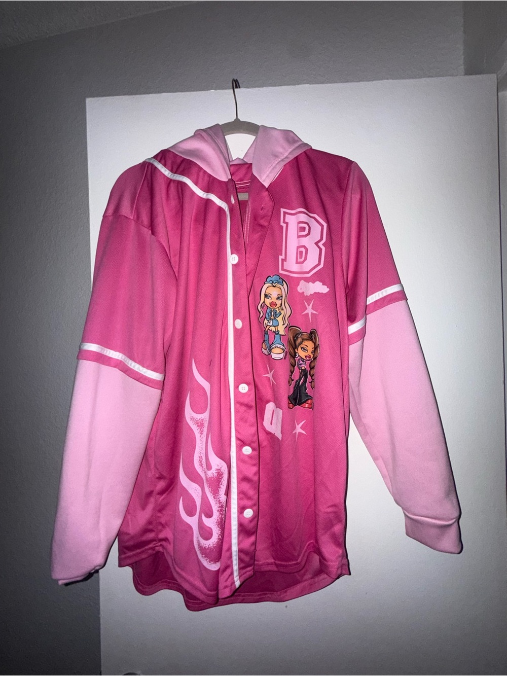Girls' Pink Graphic Hooded Baseball Jacket